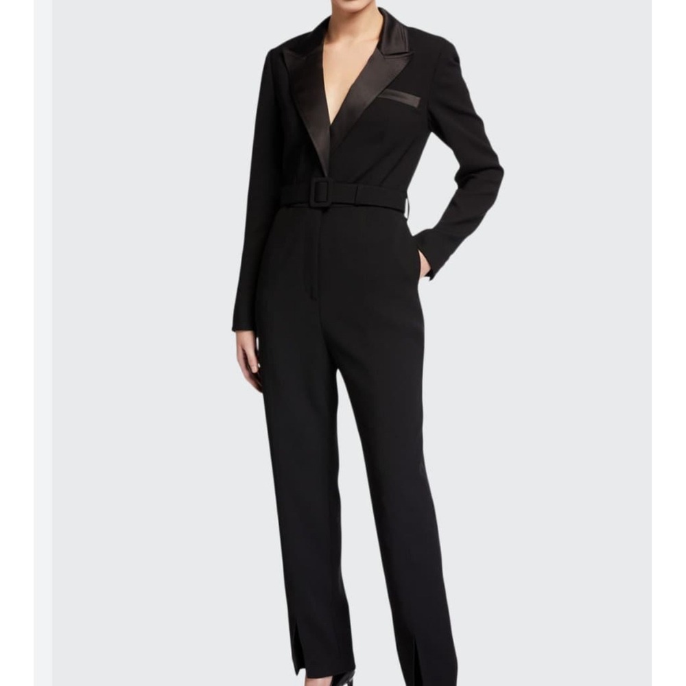 Self-Portrait Black Satin-Trim Tailored Jumpsuit
